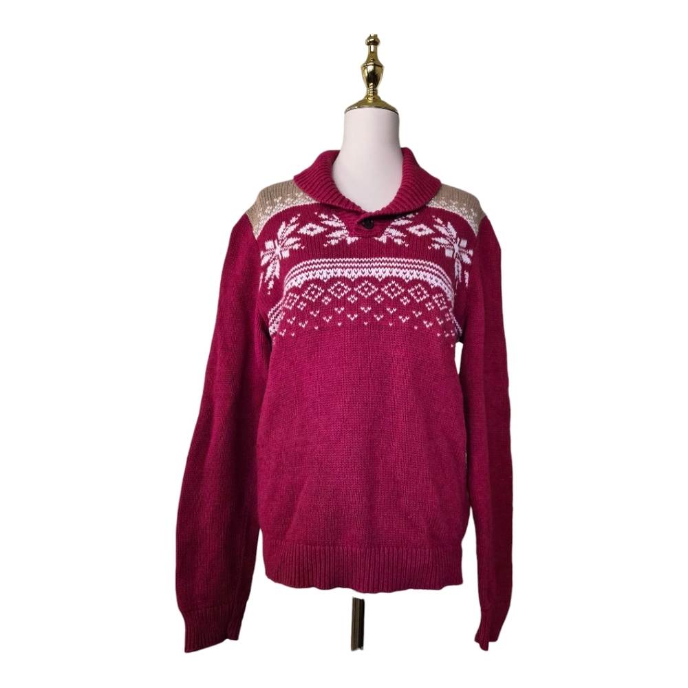 Levi’s Women’s Fair Isle Sweater‎ Size M Red Shawl Collar Nordic Knit Wool Blend